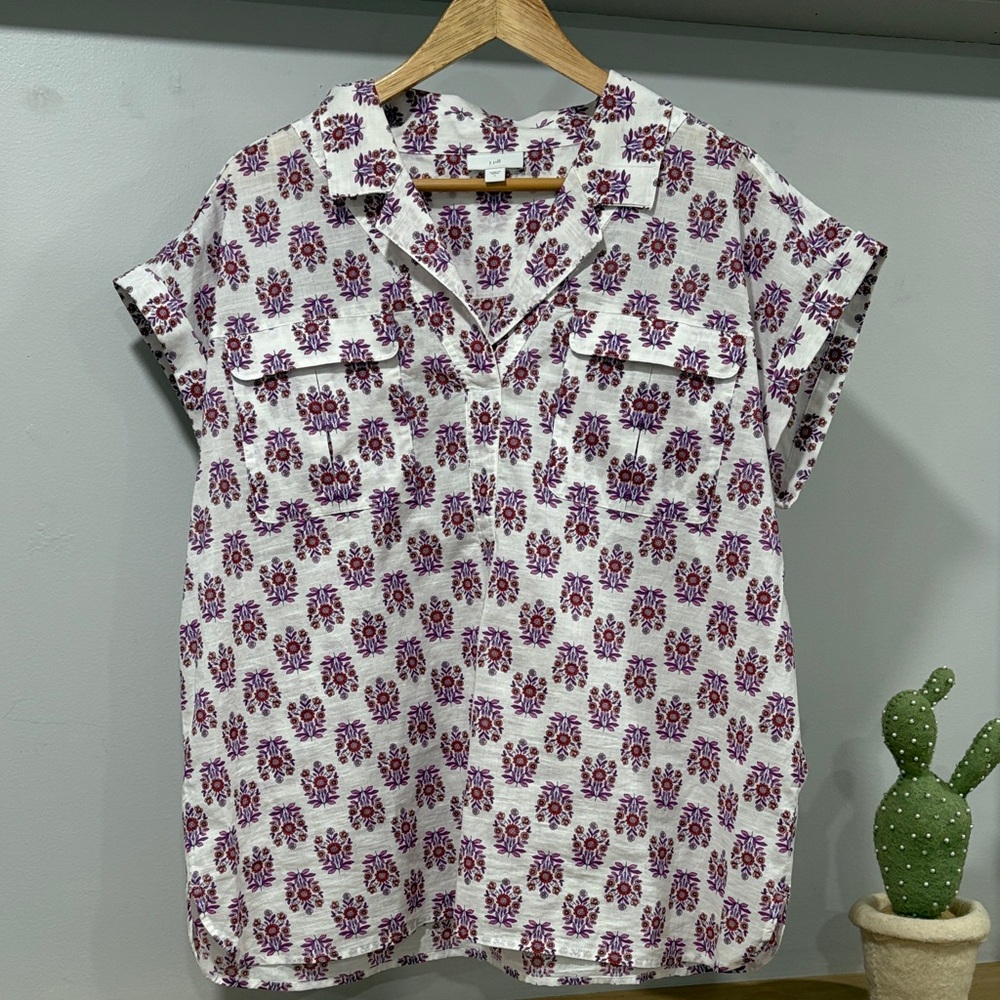 J. Jill White Blouse with Purple Floral Print
